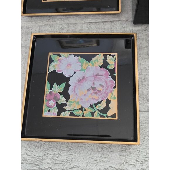 Otagiri Tavistock Black Lacquer Floral Coaster Set With Box - Picture 2 of 7